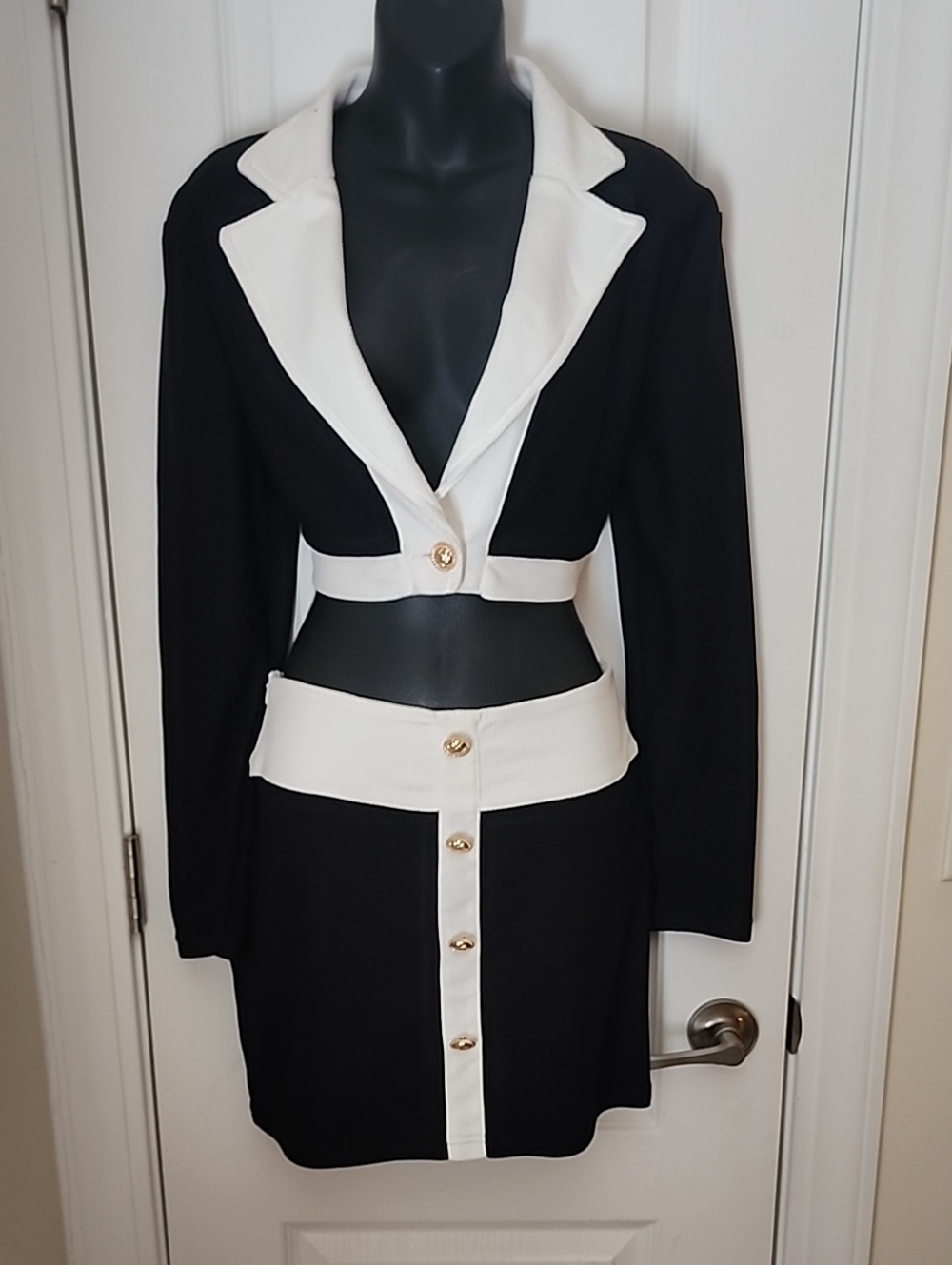 Black & White Two-Piece Blazer Skirt Set with Gold Buttons